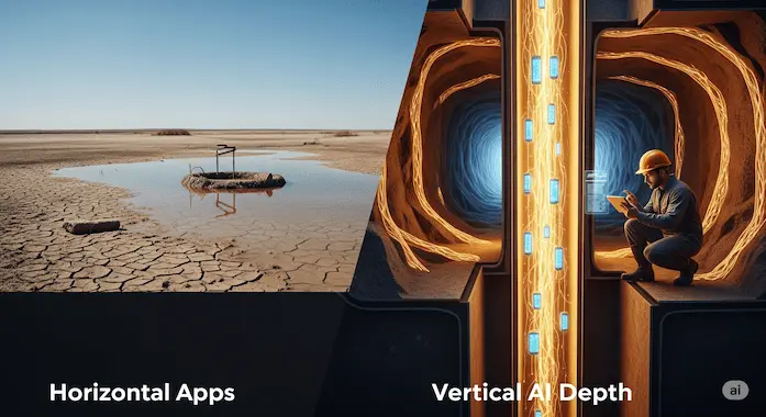 A deep gold-lit mineshaft contrasts a dried-up pond, portraying how vertical focus outlasts horizontal flimsiness amid foundational models.