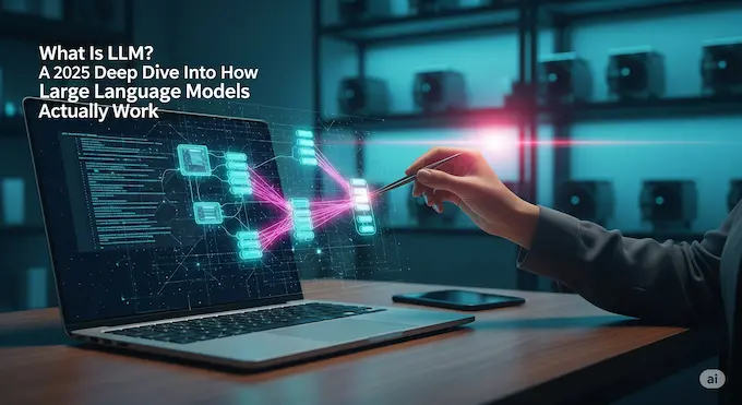 Holographic neural net hovers over laptop, illustrating what is LLM for feature story.