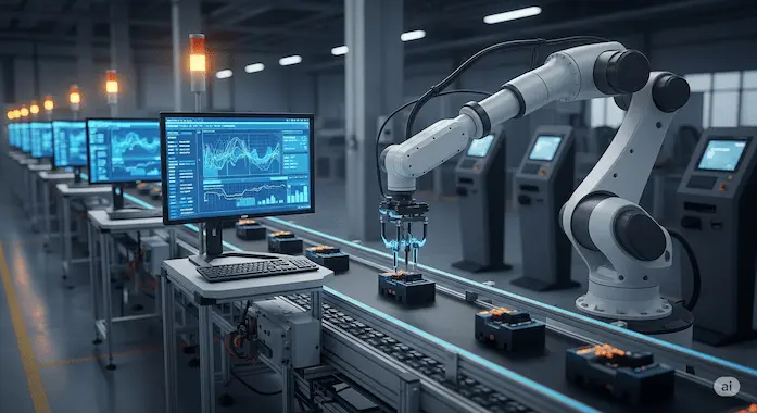 An AI robotic arm commanding a full production line illustrates owning whole workflows to resist foundational models’ encroachment.