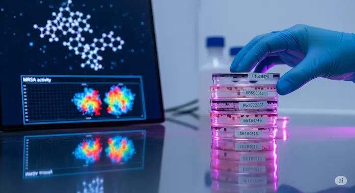 Lab scientist with petri dishes and 3D molecule render for antibiotic discovery in AI News August 16 2025.