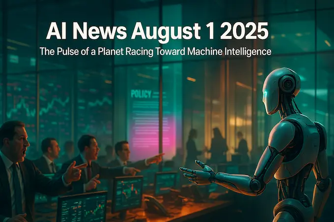 Traders, robot arm, and policy hologram illustrate AI News August 1 2025 convergence of markets, tech, and governance.
