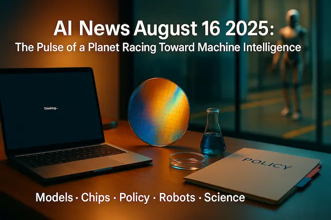 Cover for AI News August 16 2025: laptop, chip, lab glassware, and robots with the headline.
