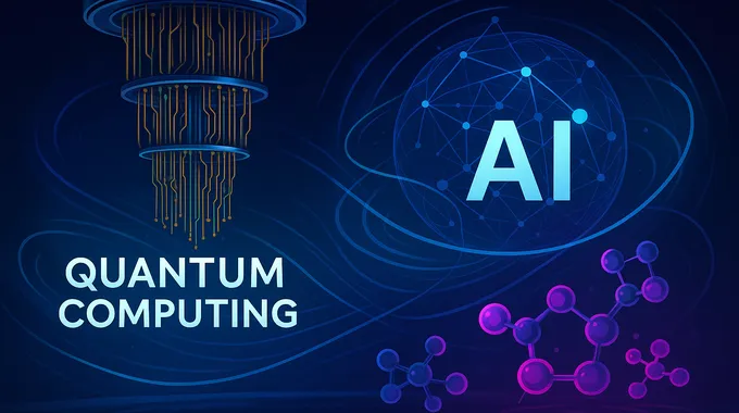 Stylized quantum computer and molecules with AI neural network pattern, conveying quantum computing and AI synergy from AI News August 23 2025.
