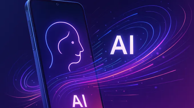 A smartphone with glowing AI interface and swirling lines representing AI integration, reflecting AI News August 23 2025 smartphone stories.