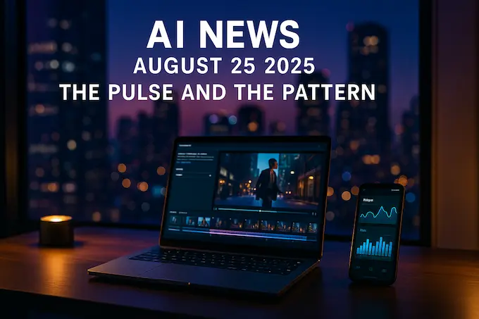 AI NEWS AUGUST 25 2025: Editorial desk scene with laptop and phone showing AI visuals, city skyline at dawn, title text overlayed.