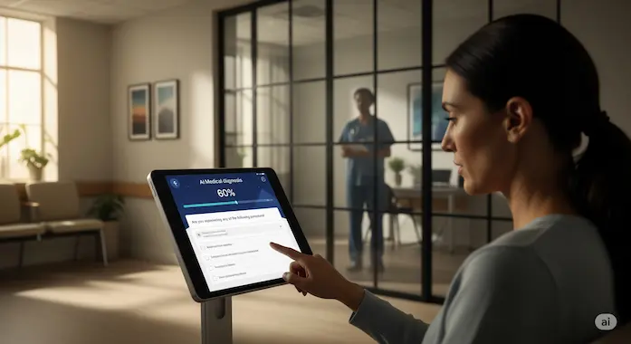 Patient using kiosk for AI medical diagnosis intake questionnaire