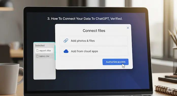 Authorization dialog connecting spreadsheets from cloud storage, showing artificial intelligence in data analysis setup.