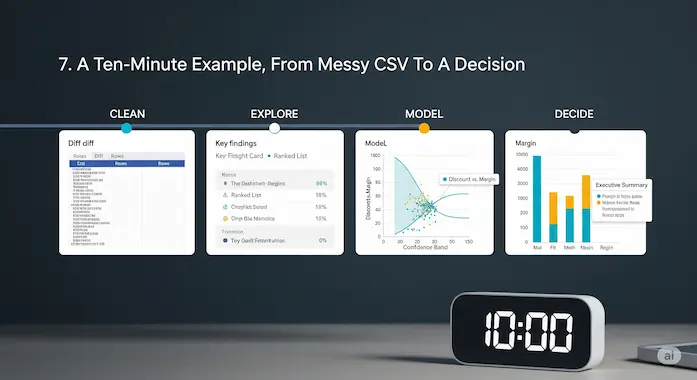 Four-step visual workflow showing artificial intelligence in data analysis from cleanup to a chart-backed decision.