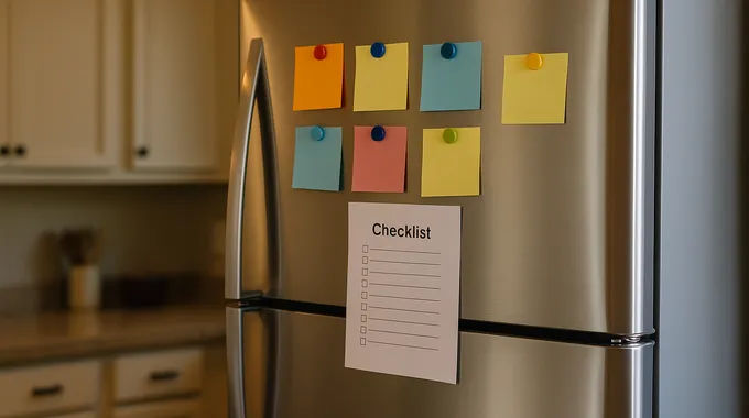 Refrigerator door with a checklist and sticky notes illustrating the parent playbook for ChatGPT parental controls.