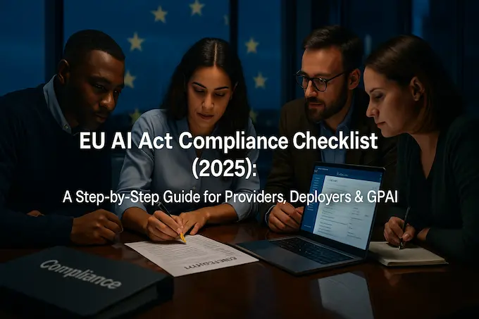 Feature hero showing a team in Brussels reviewing the EU AI Act, matching the EU AI Act Compliance Checklist theme in a blue-gold palette.