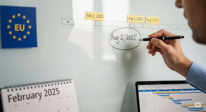 Close-up of a circled milestone on an EU AI Act rollout timeline that supports the EU AI Act Compliance Checklist article.