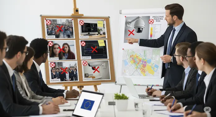 Workshop board showing prohibited AI practices, illustrating banned uses for the EU AI Act Compliance Checklist readers.