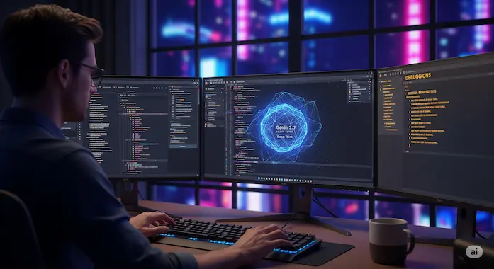 Developer collaborates with Gemini 2.5 Deep Think avatar that autocompletes and debugs code live