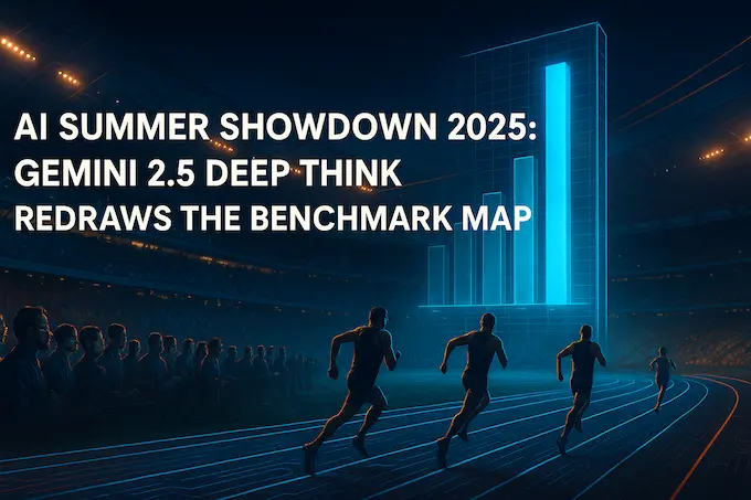 Futuristic stadium scoreboard highlights Gemini 2.5 Deep Think winning the 2025 AI benchmark race