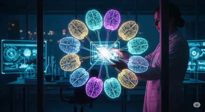 Multiple holographic brains converge into one interface, visualizing Gemini 2.5 Deep Think parallel reasoning