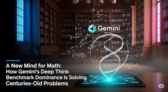 Cinematic library scene with swirling equations and tablet illustrating Gemini math benchmarks breakthrough.