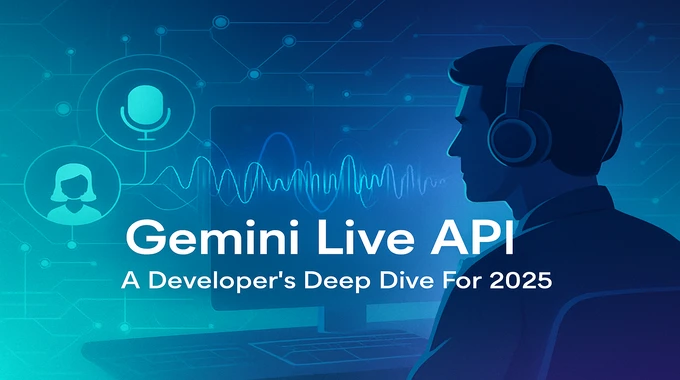 Futuristic illustration of a developer with voice streaming interface representing the Gemini Live API deep dive.