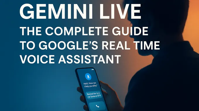 Person using Gemini Live voice assistant on smartphone with title overlay.