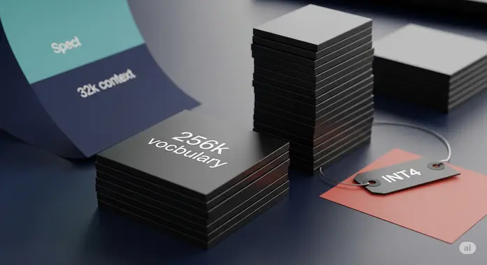 Editorial product shot with a large “vocabulary” chip beside a slim stack, symbolizing Gemma 3 270M’s embeddings-first design.