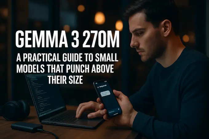 Developer using a phone in Airplane Mode while Gemma 3 270M runs on-device, symbolizing fast, private AI.