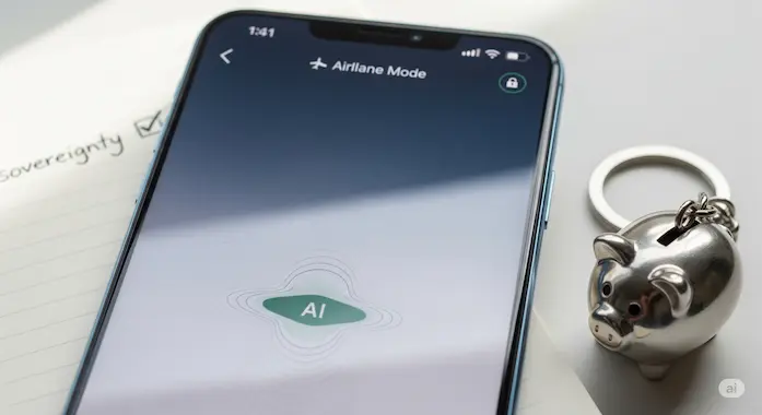 Phone showing Airplane Mode and a lock while an AI app runs, conveying Gemma 3 270M’s private, low-cost on-device use.