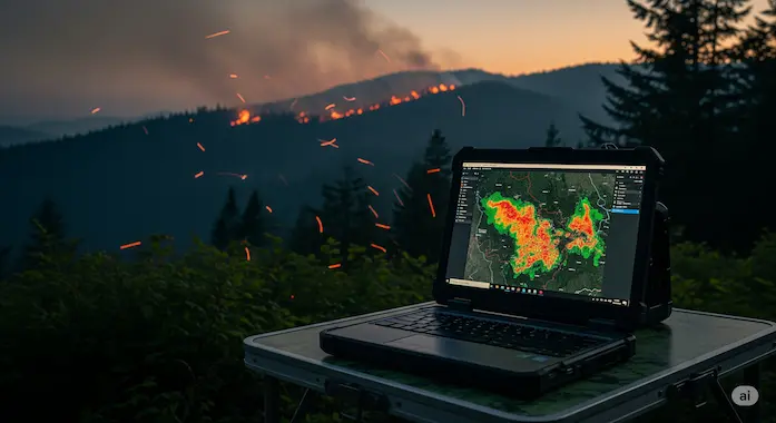 Field laptop mapping wildfires conveys Google Earth AI’s reach highlighted in AI News August 1 2025.