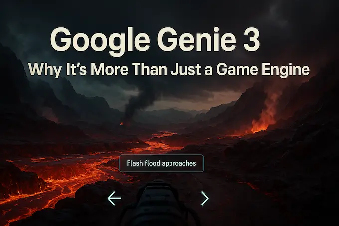 A cinematic volcanic world generated by Google Genie 3, immersive real-time environment scene.