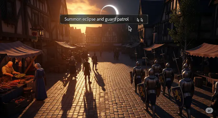 Real-time medieval town simulation in Google Genie 3, reacting to user prompt with an eclipse and patrol event.