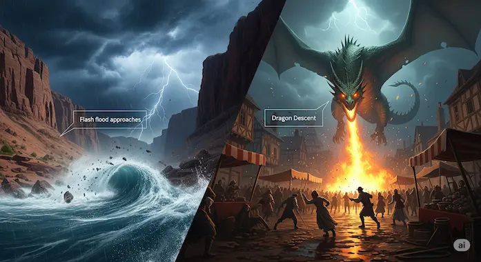 Split‑scene showing promptable world events like flash flood and dragon landing from Google Genie 3.