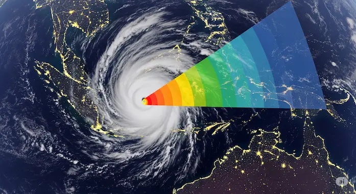 Cyclone Alfred’s cone of uncertainty rendered in Google Weather Lab, layered over Queensland coast at dusk.