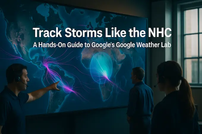 Google Weather Lab dashboard forecasting multiple cyclone tracks, title overlay illustrates real-time AI storm tracking.