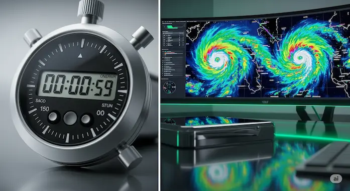 Side-by-side timer and Google Weather Lab screen visualize one-minute ensemble run economics at hurricane scale.