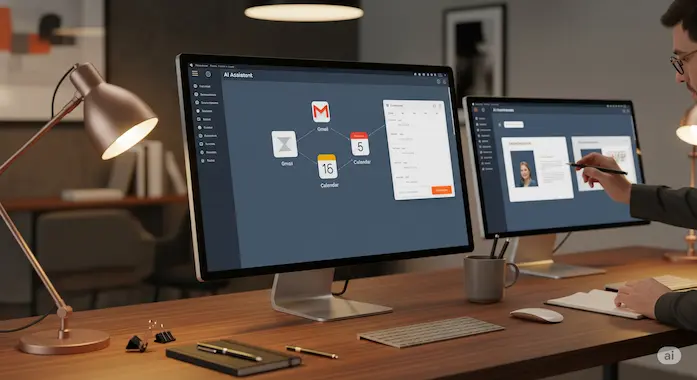 Real‑world desk setup with GPT‑5 managing email, calendar, and slide drafting as agentic assistant