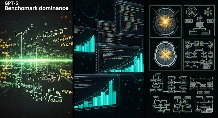 Composite image showing GPT‑5 solving math, coding efficiently, and mastering visual reasoning