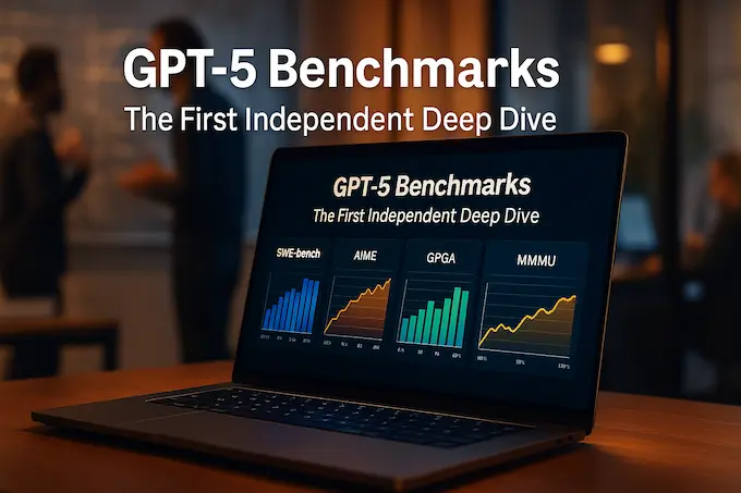 Editorial image of an AI benchmark dashboard with charts labeled SWE-bench, AIME, GPQA, and MMMU for GPT-5 Benchmarks.