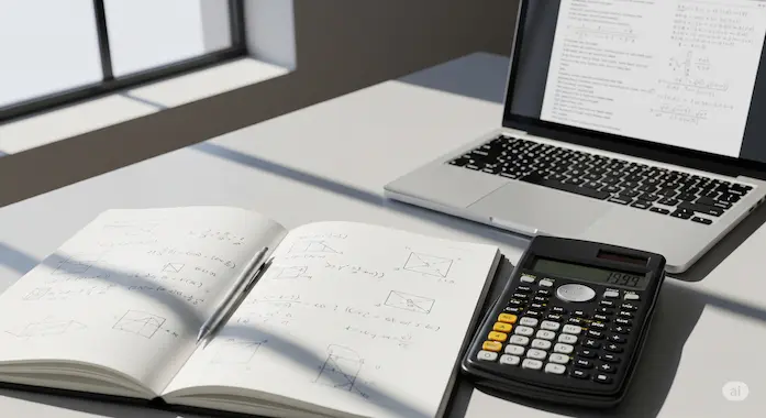 Notebook and laptop with solved math problems, representing AIME and MATH 500 performance in GPT-5 Benchmarks.