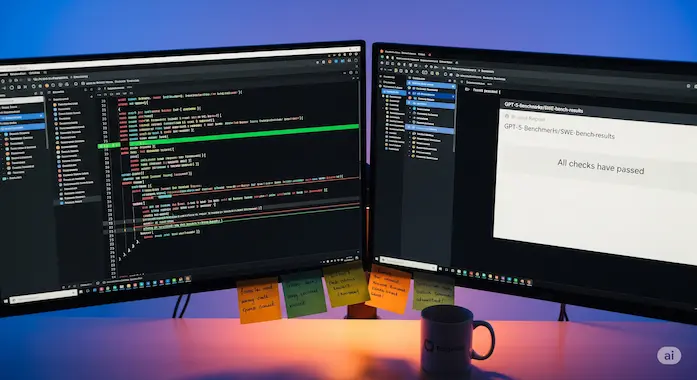 Engineer reviewing passed test results in a GitHub repo, symbolizing SWE-bench success in GPT-5 Benchmarks.