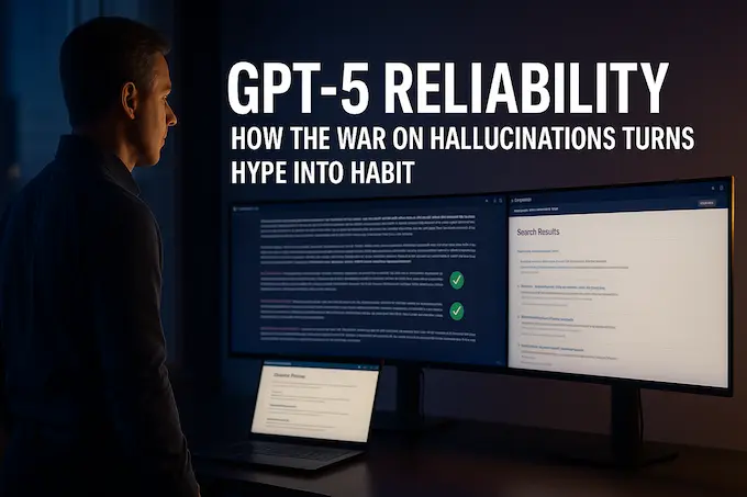 Engineer reviews verified citations on screen with headline overlay, illustrating gpt-5 reliability.