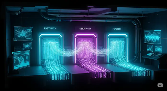 GPT-5 Cut‑away control room visualizing GPT‑5 routing between fast path, deep path, and router