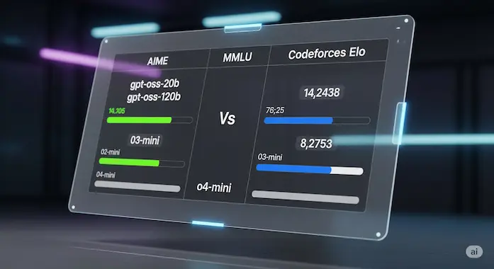Holographic benchmark chart comparing GPT‑OSS performance to proprietary models.