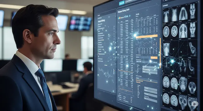 GPT-5 Medical: Clinician reviewing integrated patient data—text, labs, imaging—connected by neural overlays.