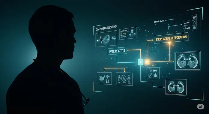 Holographic diagnostic flow from pancreatitis to perforation, highlighting clinical reasoning chain.