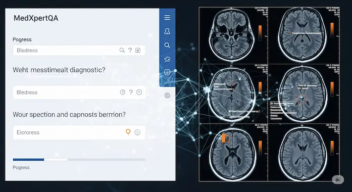 Split‑screen comparing text‑based medical QA and brain tumor MRI reasoning, linked by AI overlays.