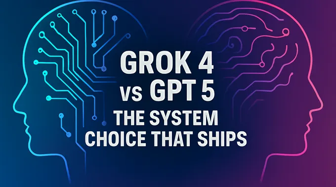 Illustration contrasting two AI systems with circuits and neural patterns, with the title Grok 4 vs GPT 5 overlaid in bold.
