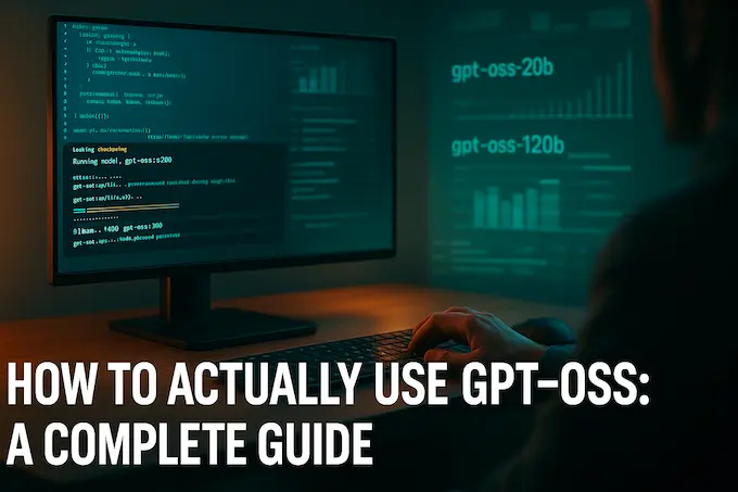 A developer installing GPT‑OSS on a glowing futuristic interface with benchmarks.
