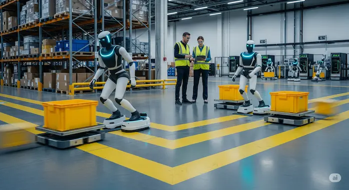 Humanoid robots and technicians moving totes in a warehouse, a WRC 2025 scene in AI News August 16 2025.