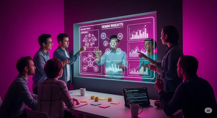 Startup team strategizes new products, guided by insights from Gemini math benchmarks displayed on smart glass.