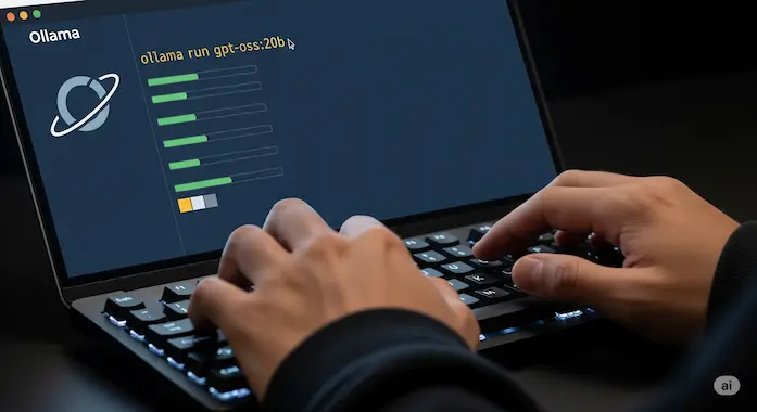 Hands running GPT‑OSS installation commands with Ollama on a dark terminal.