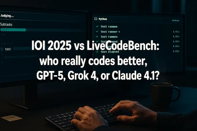 Side-by-side IOI and LiveCodeBench screens comparing accuracy, cost and latency—the best llm for coding 2025.