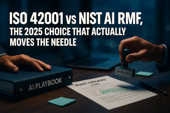 Feature image for ISO 42001 vs NIST AI RMF showing a stamped audit checklist beside a team playbook on a desk.